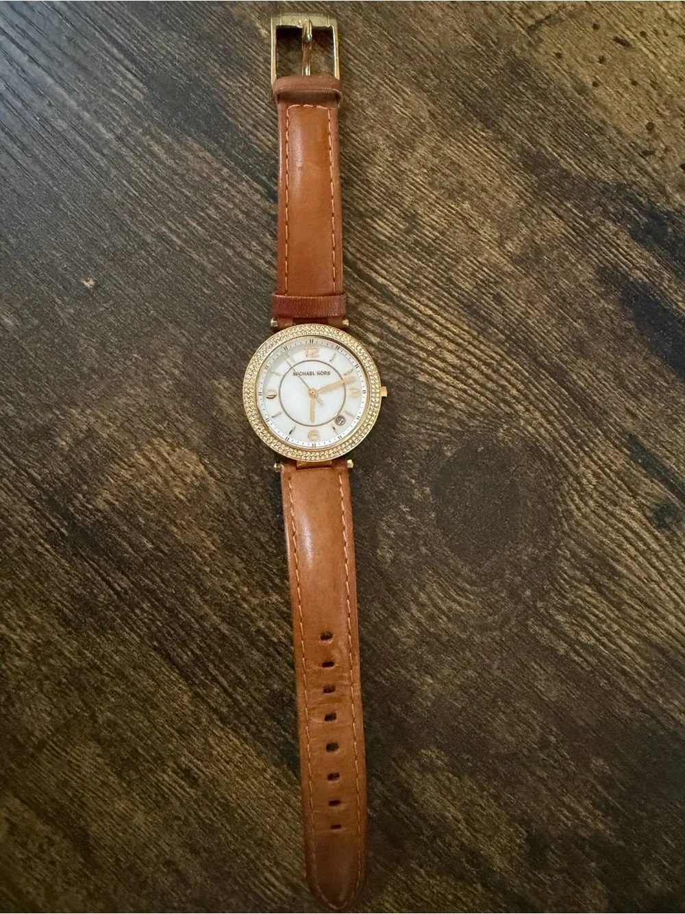 Michael Kors Gold Crystal Bezel White Dial Brown Leather Strap Watch